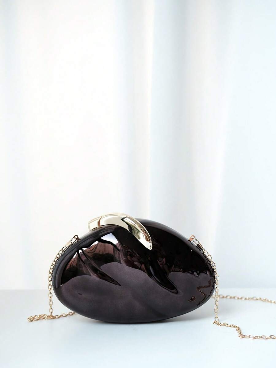 1pc Black Metal Chain Strap Asymmetric Clutch Bag, Minimalist High-End Style Elegant Evening Bag, Luxury Party Handbag For Women - Black - View 1