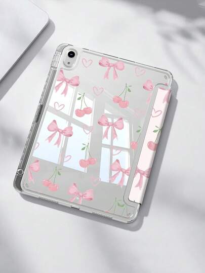 Funda protectora de cristal acrílico con lazo rosa y cereza de doble cara, compatible con iPad de 10.ª generación, iPad 10.2/Mini 6/Mini 7/9.7", Galaxy Tab A9 Plus, tabletas plegables de 3+Y, anti-doblado, esquinas reforzadas de silicona, activación/suspensión automática, ranura para lápiz integrada, soporte de varios ángulos - Protección diaria perfecta, regalo ideal para fiestas