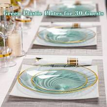 60PCS Green Plastic Plates Party, Heavy Duty Disposable Plate With Gold Rim, Elegant Design 30 Dinner 30 Dessert Plates Wedding, BirthdayTranslucent Green - màu xanh lá - Xem 7