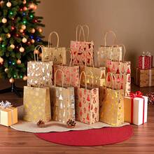 12/24 件圣诞主题礼品袋，12 种什锦图案套装，烫金和压花工艺品，卡通圣诞树、驯鹿、雪花图案，牛皮纸包装，圣诞派对用品