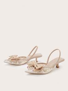 Women's Rhinestone Bow Decor Kitten Heel, Pointed Toe Hollow Slip-On Sandals, Fashionable & Elegant Party & Formal Low Heel Shoes (Random Cut) - Apricot - View 2