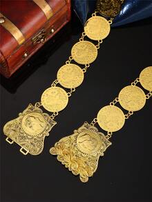 一件女士阿拉伯风格长袍，配金色腰带，土耳其硬币形状，宫廷风格，镂空雕刻腰带扣，珠宝腰链，适合女士婚礼、节日、派对等场合，长度可调节 - 彩色 - 查看 3