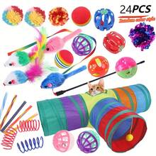 Conjunto de brinquedos interativos para gatos com 24 peças, túnel dobrável, varinha de penas artificiais e bolas amassadas - Conjunto de brinquedos multiestimulantes para gatos domésticos - Brinquedos sortidos de poliéster duráveis - Presente perfeito para amantes de gatos