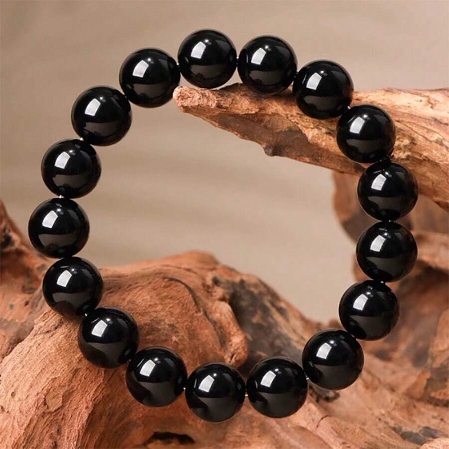 10/12/14/16mm Classic Black Agate Natural Stone Bracelet Men Charms Beaded Elastic Bracelets - 14毫米 - 查看 1