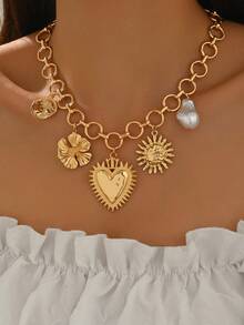1 chiếc vòng cổ trang sức Chunky, vòng cổ choker kim loại nhiều lớp hình trái tim, hoa, mặt dây chuyền mặt trời, trang sức vòng cổ thời trang và đa năng dành cho phụ nữ, thích hợp để đeo hàng ngày, hẹn hò, tiệc tùng, lễ hội âm nhạc - Nhiều màu - Xem 1