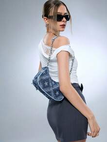 1 chiếc túi đeo vai vải denim màu xanh có khóa kéo họa tiết ngôi sao năm cánh, thích hợp cho phụ nữ sử dụng hàng ngày, túi rỗng hình ngôi sao thời trang dành cho nữ - Màu xanh lam - Xem 4