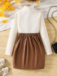 2件套大龄女童长袖立领上衣+PU皮革迷你裙，秋冬 - 彩色 - 查看 2