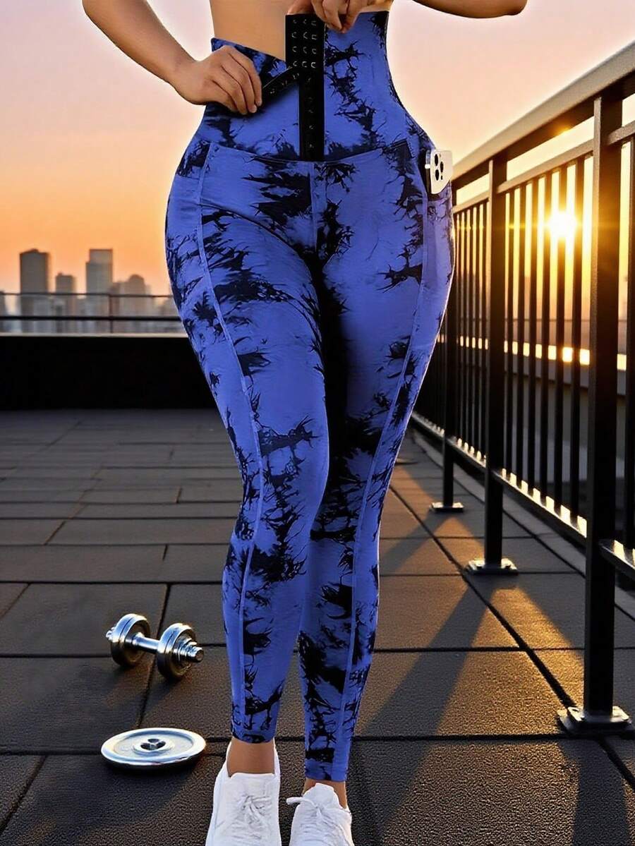 女士运动休闲高腰染色束腰纽扣口袋紧身裤，健身跑步裤，新款春夏弹力紧身瑜伽紧身裤