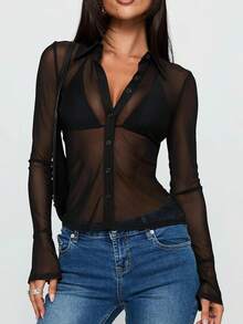 Women Sheer Long Sleeve Tops See Through Mesh Blouses  Button Down Shirts Tunic - Black - View 2