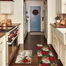 1/2pcs Christmas Floor Mat, Classic White Red Floral And Green Foliage Pattern Kitchen Floor Mat, Christmas Atmosphere Decoration, Kitchen Floor Mat, Room Decoration, Perfect For Dining Room, Hallway, Bathroom, Bedroom And Doorway - Multicolor - View 5