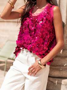 Women's Summer Shiny Sequins Vest Tops Sleeveless Round Neck Fashionable Vintage Party Tank Tops Club Cocktail Parties Dances Streetwear - 玫紅色 - 查看 2