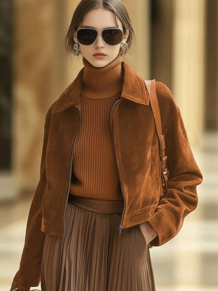 1 件纯色仿麂皮拉链口袋休闲宽松短款夹克，适合居家、日常、办公室、度假、晚间约会、旅行、春季、秋季、冬季 - 棕色 - 查看 2