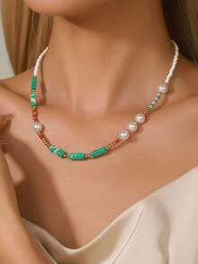 1pc Versatile Minimalist Bohemian Style Faux Turquoise & Pearl Beaded Necklace, Suitable For Men & Women, Elegant For Holidays, Parties, Daily Wear, Wonderful Gift For Halloween, Christmas, Thanksgiving