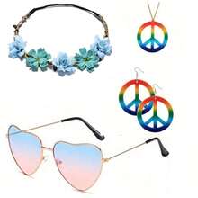 5pcs/Set Hippie Style Accessories Set: Peace Sign Necklace, Daisy Earrings, Flower Headband, Sunglasses, 60s Fashion Halloween - Blue - View 25