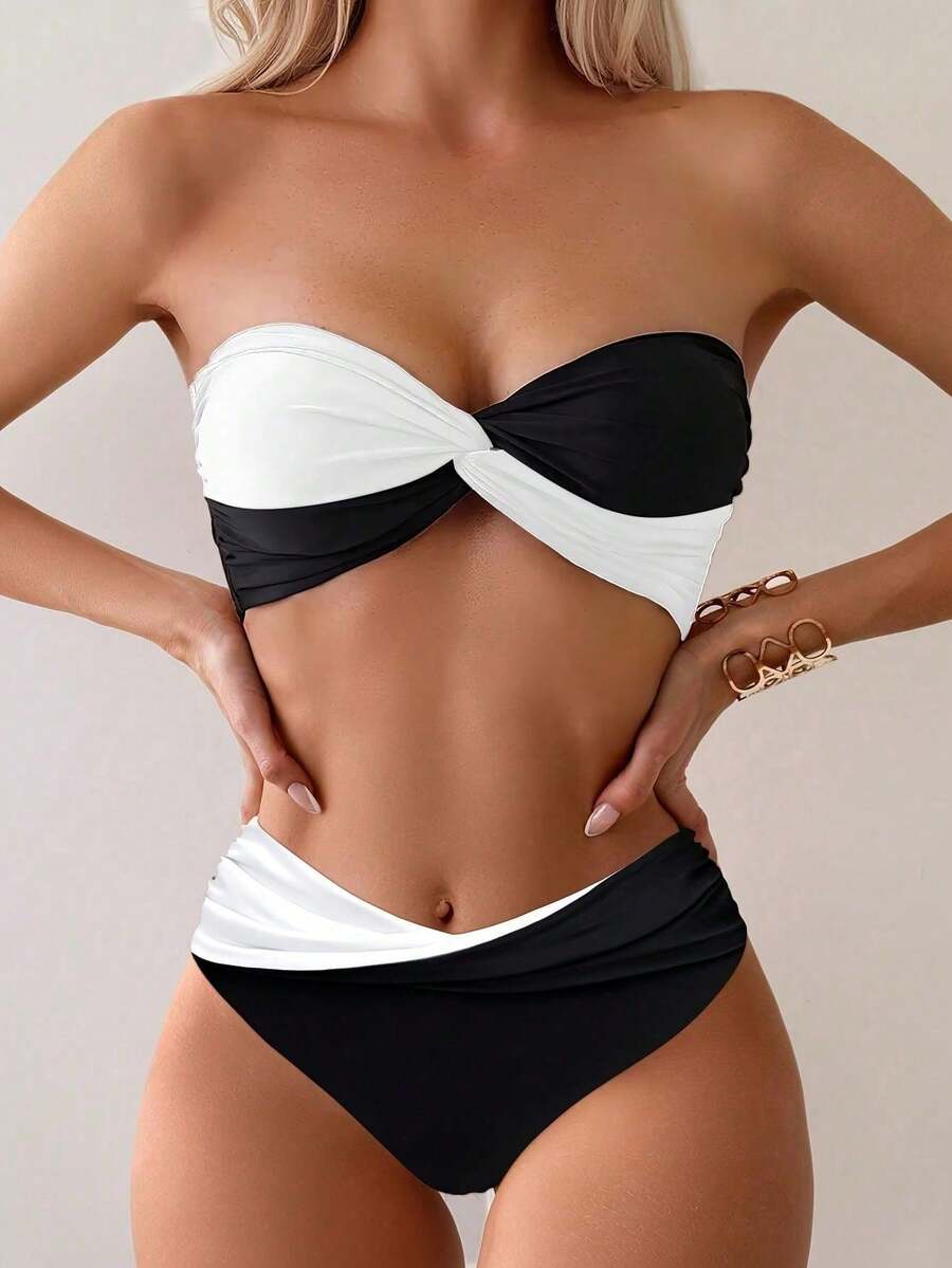 1 Set Women 2-Piece Bikini Swimwear, Black & White Contrast Bandeau Detachable Strap, Two-Way Wear, Fashionable Sexy Swimsuit - Black and White - View 1