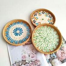 直径 8.66 英寸 x 高 1.18 英寸手工编织藤条圆形桌面储物托盘 - 彩色 - 查看 3