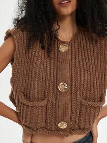 Women's Solid Color Knitted Pocket Decor Thick Knit Vest - Brown - View 10
