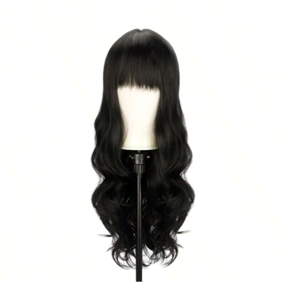 Wavy Hair Wig With Bangs Black Organic Fiber Long 60cm - màu đen - Xem 1