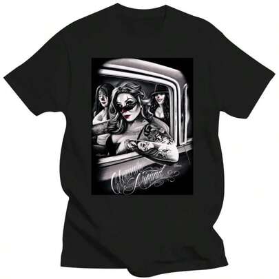 Around Chola Lowrider Chicano DGA Art T-Shirt Custom T-Shirts Men's Clowning Ove