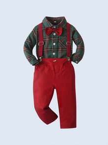 BOARNSEORL 2 件套男婴绅士装，绿色格子长袖衬衫配领结和工装裤，时尚适合生日派对、婚礼、圣诞节 - 紅色 - 查看 5
