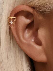 1pc S925 Sterling Silver Ear Cuff Earring, Hypoallergenic Ear Piercing Jewelry, Double Chain Design - Gold - View 9