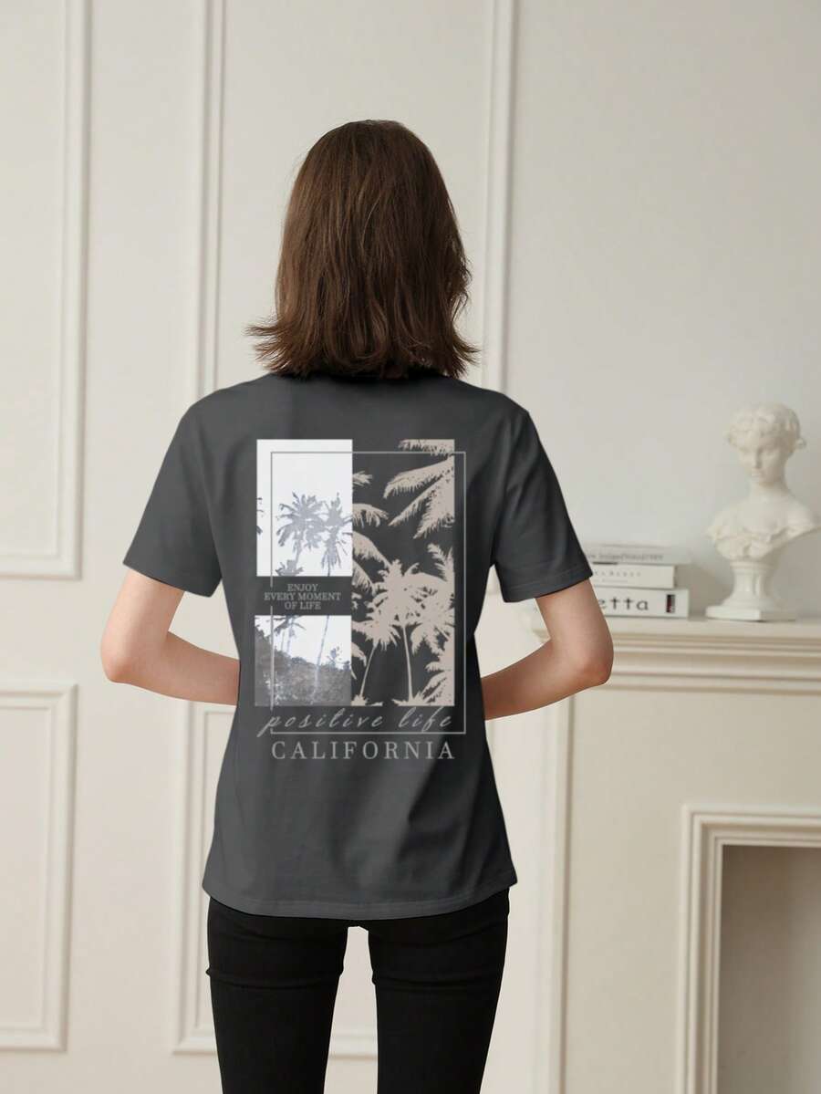 女士夏季新款简约标语印花休闲度假风宽松百搭圆领杏色短袖T恤，时尚日常上衣，适合日常度假穿着