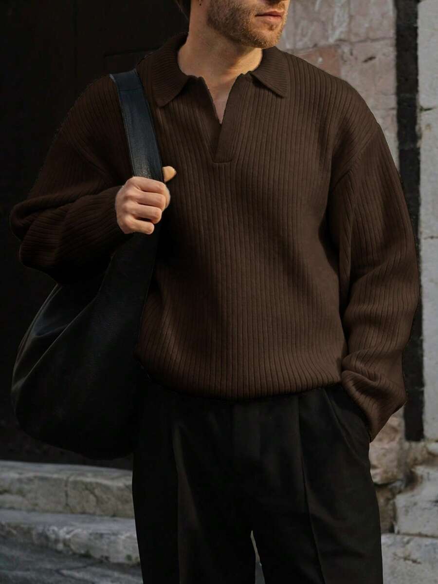 Men's Ribbed Polo Neck Sweater, Casual Loose Fit Pullover Knitted Top, Suitable For Autumn And Winter - màu nâu - Xem 1