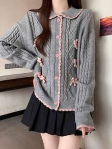 Cárdigan de mujer de longitud regular, con patrón de punto de cable, manga larga, ribete rosa, cierre con botones - Gris - Ver 5