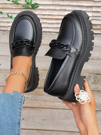 Damloafers, Slip-On Läderskor, Bekväma Platta Skor för Casual, Loafers med Tjock Sula, Lätta Platta Arbetsskor, Studentskor, Vår-/Höstplattor, Damskor