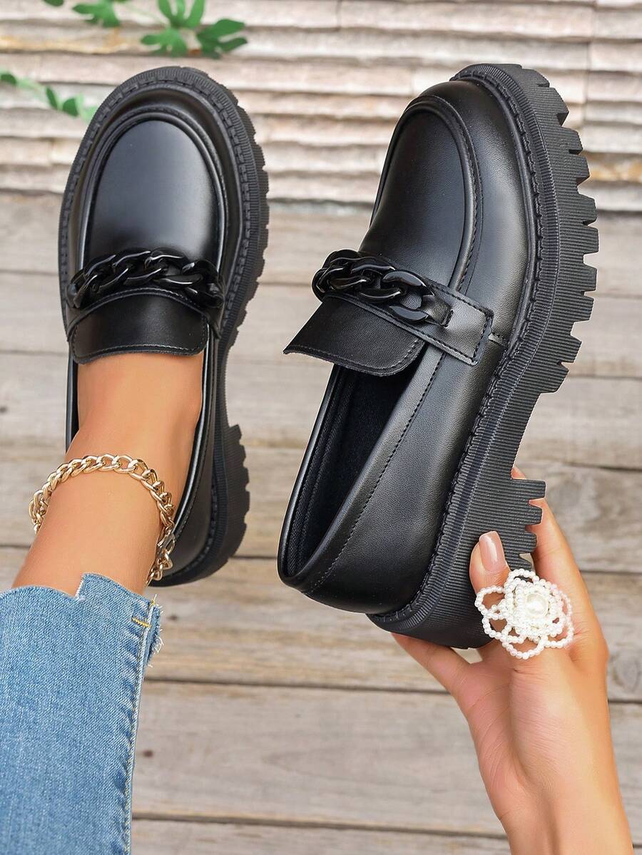 女士乐福鞋，一脚蹬皮鞋，舒适休闲平底鞋，厚底乐福鞋，轻便平底工作鞋，学生鞋，春秋平底鞋，女鞋 - 黑色 - 查看 1