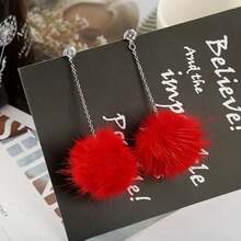 1pr Women's Christmas White Pom-Pom Earrings, Long Tassel & Fluffy Design, Perfect Autumn & Winter Jewelry For Casual Outfits, Weekend Trips, Christmas Shopping, Festive Celebrations, Gift For Her, Popular Ladies' Accessories - 粉色 - 查看 7