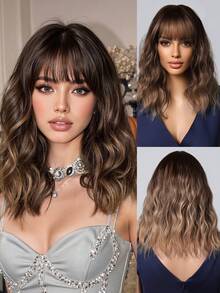 Brown Ombre Short Bob Small To Medium Curls With Bangs 14-Inch Heat-Resistant Synthetic Hair For Party,Daily,Music Festival,Gatherings And Ceremonies - Brown Ombre - View 3