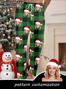 Personalized Photo Printed Pajama Pants With Santa Hat, Casual Home Plaid Christmas Trousers, Christmas Gift For Men, Winter - Multicolor - View 1