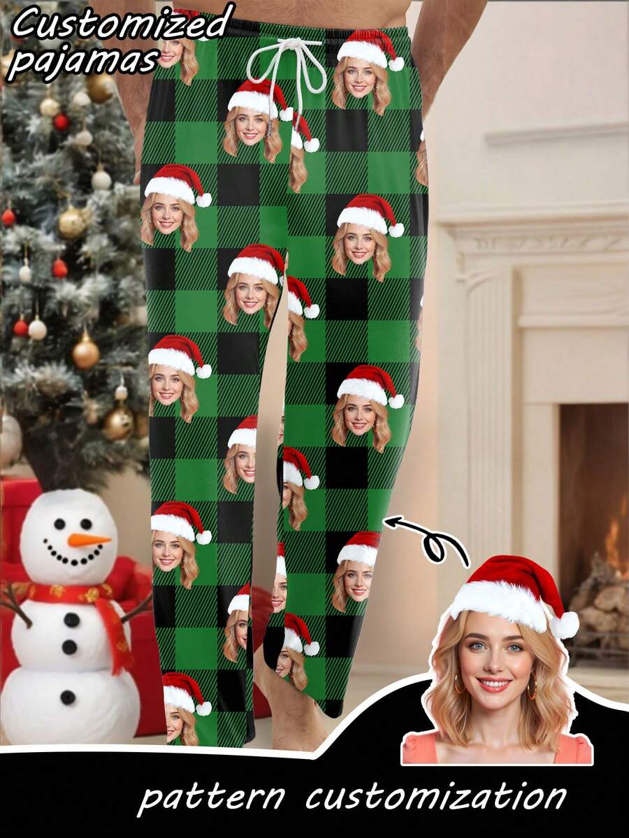 Personalized Photo Printed Pajama Pants With Santa Hat, Casual Home Plaid Christmas Trousers, Christmas Gift For Men, Winter - Multicolor - View 1