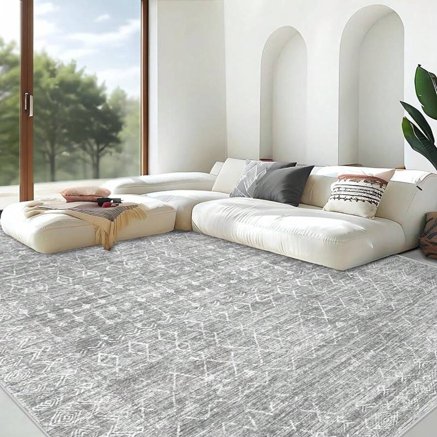 Large Washable 6x9 Area Rug: Boho Moroccan Geometric Neutral, Non-Slip Foldable Indoor Floor Carpet For Living Room, Bedroom, Dining Table - Beige, 6X9 - Moroccan Grey - View 1