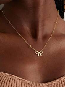 1件金色蝴蝶结吊坠串珠项链套装，简约可爱时尚女孩项链，优雅简约蝴蝶结吊坠项链 - 彩色 - 查看 6
