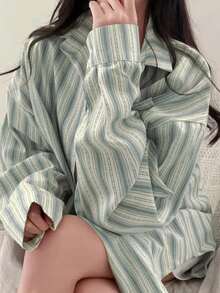 初秋时尚女士条纹长袖衬衫 - 藍色 - 查看 3