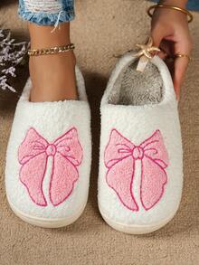 Pink Cute Bow Slip-On Women's Slippers Bow Embroidery Indoor Casual Home Wear Footwear - 粉色 - 查看 1