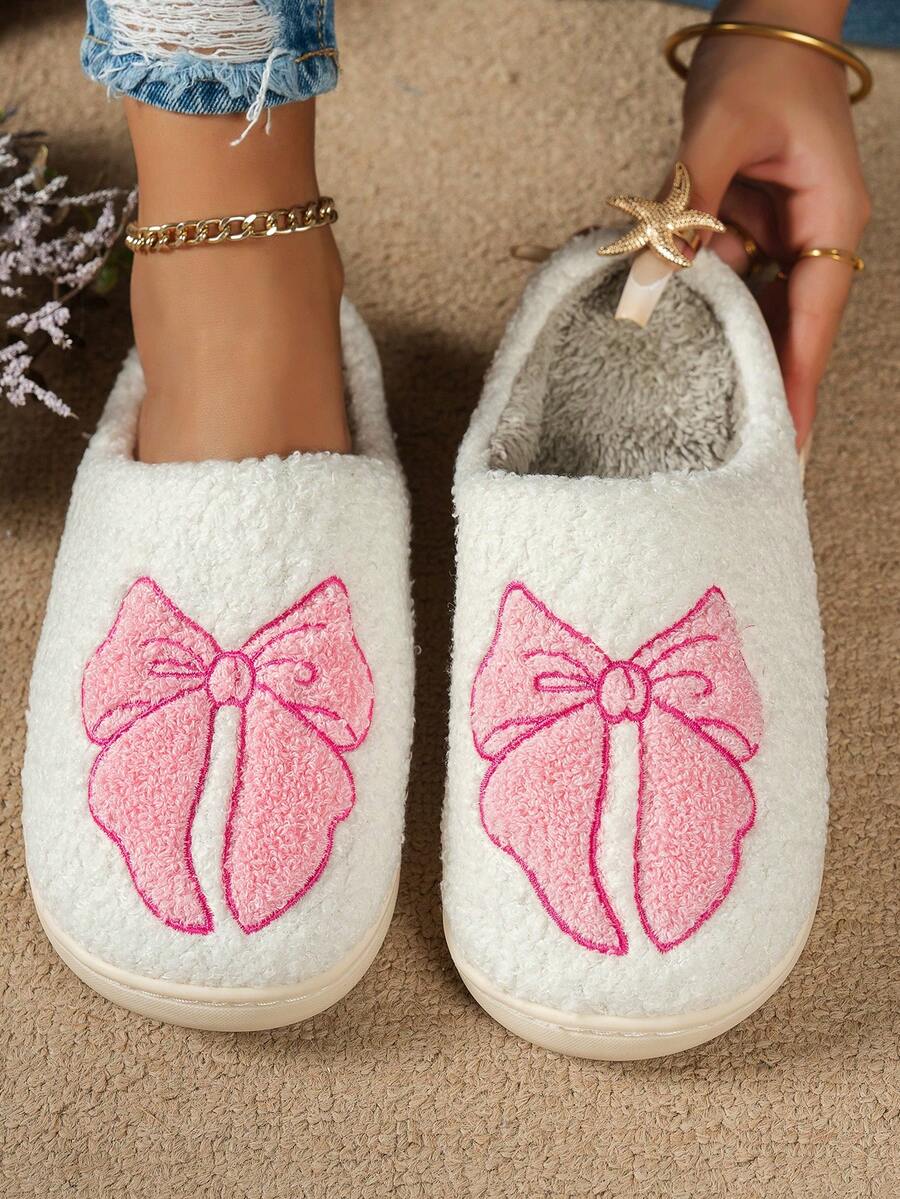 Pink Cute Bow Slip-On Women's Slippers Bow Embroidery Indoor Casual Home Wear Footwear - 粉色 - 查看 1