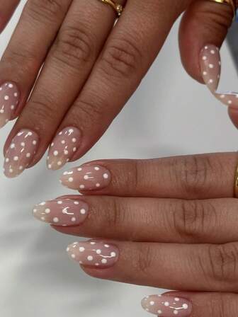 24pcs Nails Press On White Polka Dots False Nails Short Fake Nails Almond Shape Press On Nails Manicure Set Includes 1sheet Adhesive Tabs & 1pc Mini File Perfect For Everyday Wear