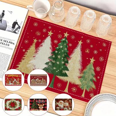 1/4/6/8/12/300 pezzi Tovagliette da tavola in fibra di poliestere digitalmente stampate con slogan natalizi, alberi di Natale, omini di pan di zenzero, plaid, alci, fiori natalizi, dimensioni 12*18 pollici, spessore rinforzato - Set di tovagliette lavabili in lino adatte per feste natalizie, decorazione per l'atmosfera domestica, banchetti in hotel