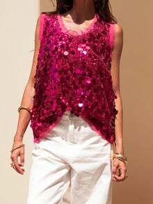 Women's Summer Shiny Sequins Vest Tops Sleeveless Round Neck Fashionable Vintage Party Tank Tops Club Cocktail Parties Dances Streetwear - 玫紅色 - 查看 5