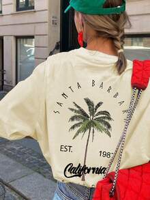 女士休闲圆领棕榈树字母印花度假风短袖T恤上衣，白色和粉色