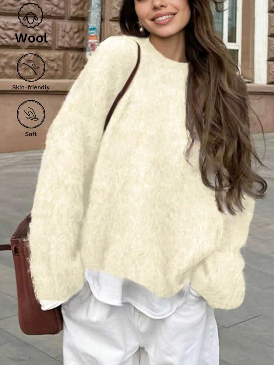 2026 Nuovo Maglione casual elegante da donna con spalle a goccia, collo a girocollo a costine, maniche lunghe, adatto per uso casual, top eleganti, concerti, streetwear, look da rientro a scuola - Albicocca - Visualizzare 1