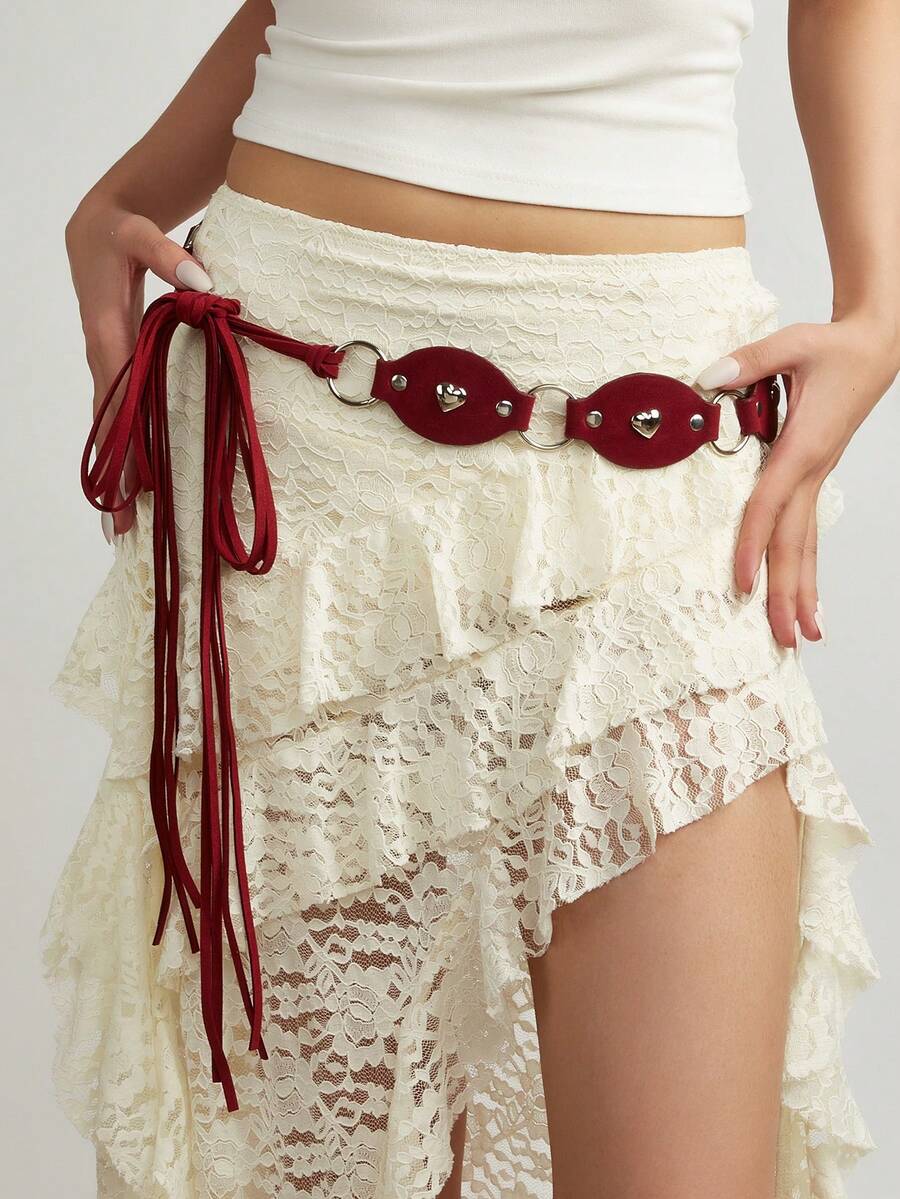 1 chiếc thắt lưng nữ, thắt lưng kiểu Y2K cho bé gái, thắt lưng phong cách BOHO phương Tây màu đỏ tía đính đinh tán hình trái tim, tua rua, thích hợp cho váy, quần, đi học, mặc hàng ngày, tựu trường, tốt nghiệp, tiệc tùng, lễ hội âm nhạc, Giáng sinh, Năm mới, Ngày Valentine. - A - Xem 1