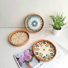 直径 8.66 英寸 x 高 1.18 英寸手工编织藤条圆形桌面储物托盘 - 彩色 - 查看 6