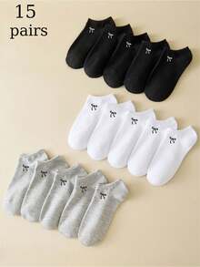 1/15/30双装女士薄款透气舒适防臭短袜，蝴蝶结设计，休闲纯色，适合夏季、春季、秋季、冬季，圣诞礼物 - 彩色 - 查看 11