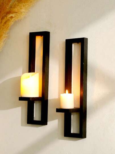 1pc/2pcs Vintage Farmhouse Style Wooden Wall Mounted Shelves, Black Minimalist Geometric Design, Suitable For Indoor Living Room Wall, Window Sill, Fireplace Mantel, Outdoor Garden Wall (Candles Not Included)