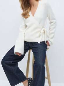 Womens Cardigan Wrap Tie Fornt Deep V Neck Cardigan Jumper Long Sleeve Y2k Knitted Crop Top Yogo Ballet Pilates Workout Sweater Fall Clothes - trắng - Xem 2