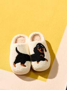 Joivida Plush Dachshund Embroidered Thick Sole Checkered Furry Indoor Slippers, Anti-Slip Warm Ladies Home Cartoon Dog Slippers,Halloween